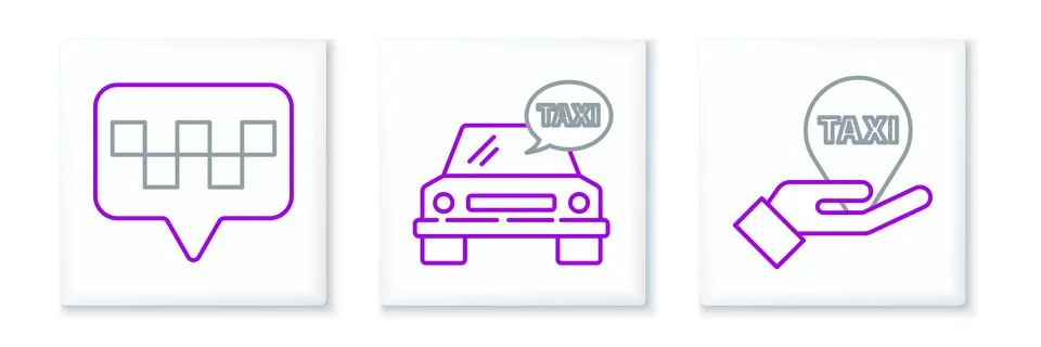 Set line Hand on map pointer with taxi, Map and Taxi car icon. Vector Illustrazione stock