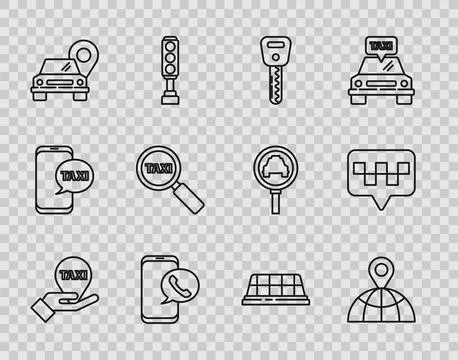 Set line Hand on map pointer with taxi, Location the globe, Car key, Taxi c.. 스톡 일러스트