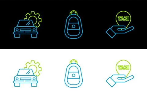 Set line Hand on map pointer with taxi, Car service and key remote icon. Vect Stock Illustration