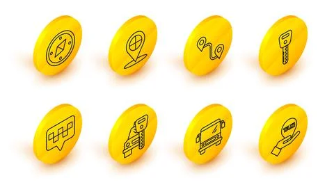 Set line Hand on map pointer with taxi, Bus, Car rental, Map, key, Route lo.. Stock-Illustration