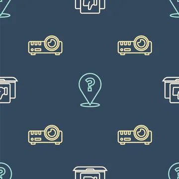 Set line Hand like, Media projector and Question mark on seamless pattern Stock Illustration
