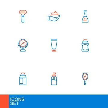 Set line Hand mirror, Bottle of liquid soap, Deodorant roll, Round makeup, .. Illustration