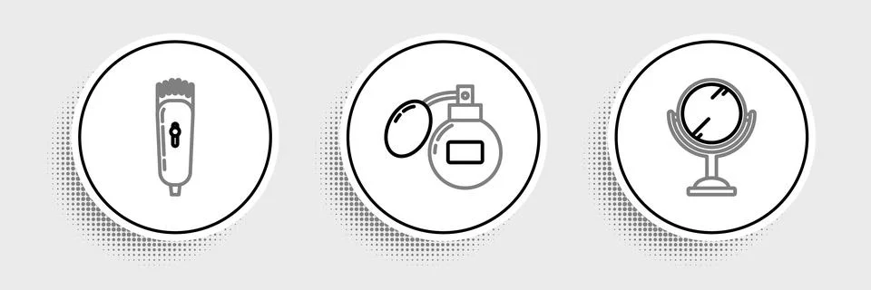 Set line Hand mirror, Electrical hair clipper shaver and Aftershave icon. V.. Stock Illustration