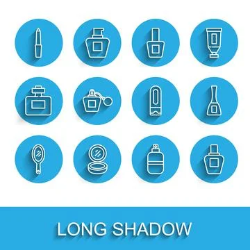 Set line Hand mirror, Makeup powder with, Nail file, Perfume, polish bottle.. Stock-Illustration