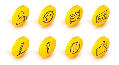 Set line Hand like, Pause button, Microphone, Pencil with eraser, Retro audio Illustrazione stock