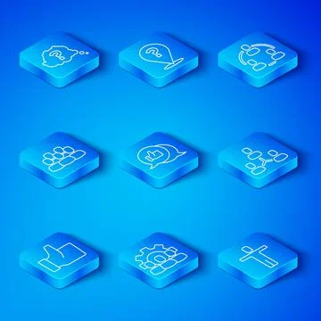 Set line Hand like, Project team base, Question mark and Head hunting icon Stock Illustration