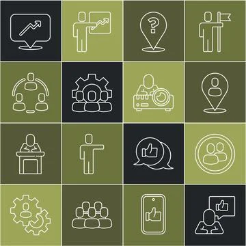 Set line Hand like, Project team base, Worker location, Question mark, Grap.. Stock Illustration