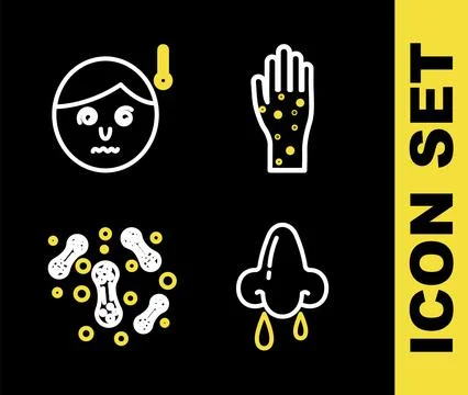 Set line Hand with psoriasis or eczema, Runny nose, Bacteria and High human body Stock Illustration