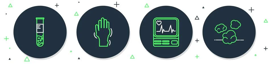 Set line Hand with psoriasis or eczema, Monitor cardiogram, Test tube flask.. Stock Illustration