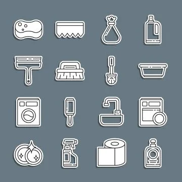 Set line Hand sanitizer bottle, Kitchen dishwasher machine, Plastic basin, .. Stock Illustration