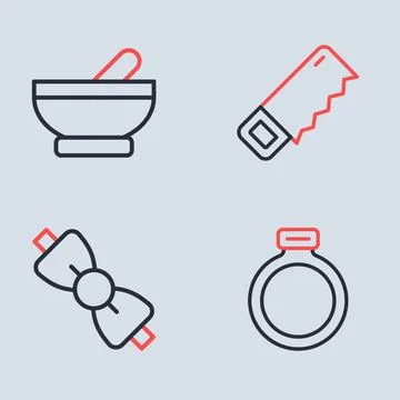 Set line Hand saw, Bow tie, Magic stone ring and Witch cauldron icon. Vector Stock Illustration