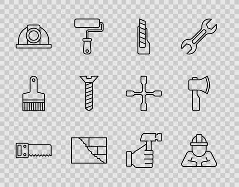 Set line Hand saw, Builder, Stationery knife, Bricks, Worker safety helmet Stock Illustration
