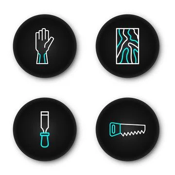 Set line Hand saw, Chisel tool, Wooden beam and Protective gloves icon. Vecto Stock Illustration