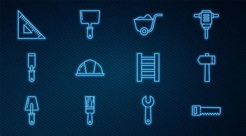 Set line Hand saw, Hammer, Shovel, Worker safety helmet, Rasp metal file, T.. Stock Illustration