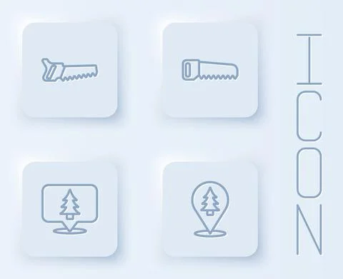 Set line Hand saw, Location of the forest and . White square button. Vector Stock Illustration
