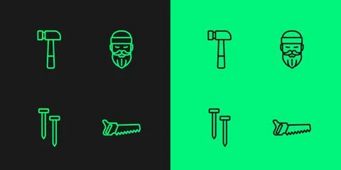 Set line Hand saw, Metallic nails, Hammer and Lumberjack icon. Vector Stock Illustration