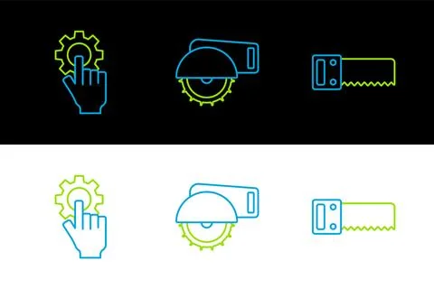 Set line Hand saw, Settings in the hand and Electric circular icon. Vector Stock Illustration