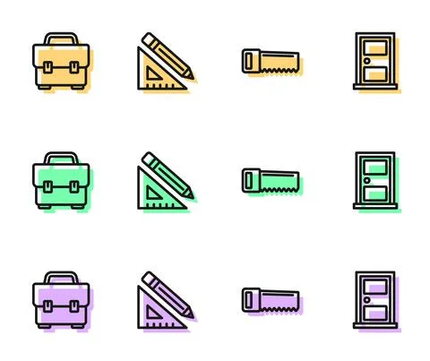 Set line Hand saw, Toolbox, Triangular ruler pencil and Closed door icon. Vector Stock Illustration