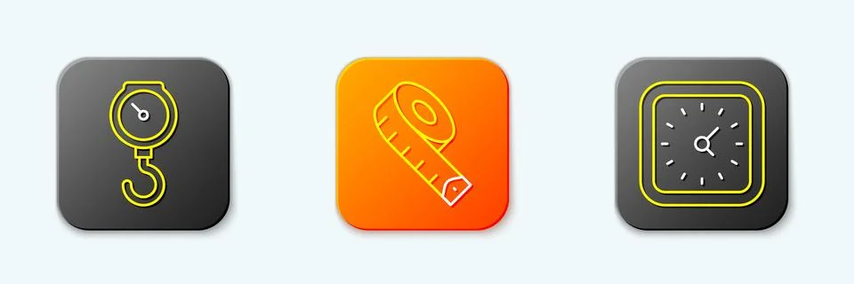 Set line Hand scale spring mechanical, Measuring tape and Clock icon. Vector Stock Illustration