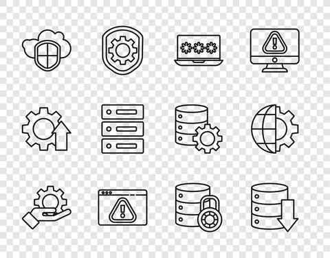 Set line Hand settings gear, Server, Data, Web Hosting, Laptop with password Stock Illustration