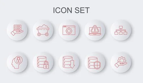Set line Hand settings gear, Human head with lock, Browser, Server shield Stock Illustration