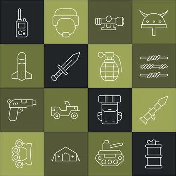 Set line Hand smoke grenade, Rocket launcher, Barbed wire, Sniper optical sight Stock Illustration