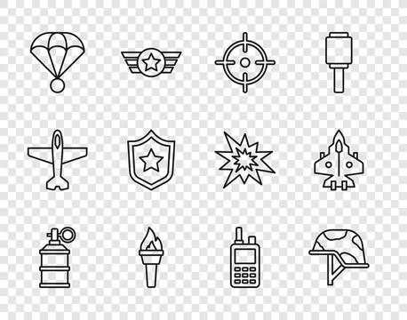 Set line Hand smoke grenade, Military helmet, Target sport, Torch flame Stock Illustration