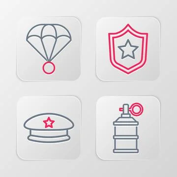 Set line Hand smoke grenade, Military beret, Police badge and Parachute ico.. Illustrazione stock
