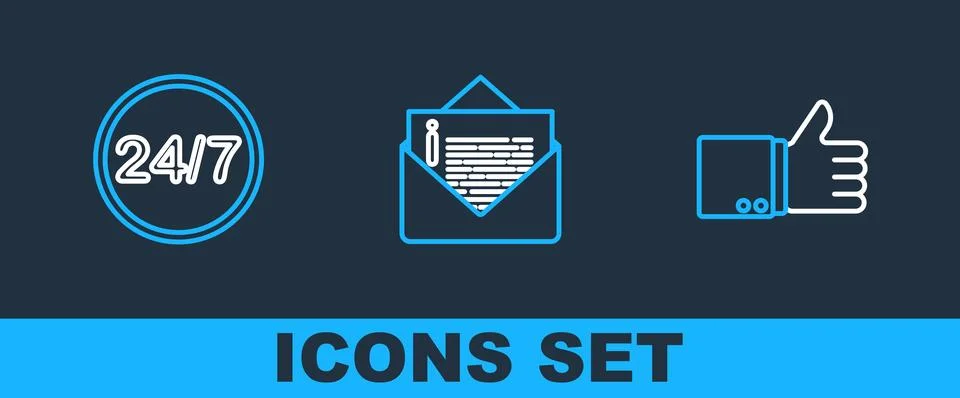 Set line Hand thumb up, Clock 24 hours and Envelope icon. Vector Stock Illustration