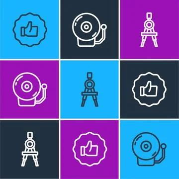 Set line Hand thumb up, Drawing compass and Ringing alarm bell icon. Vector Stock Illustration