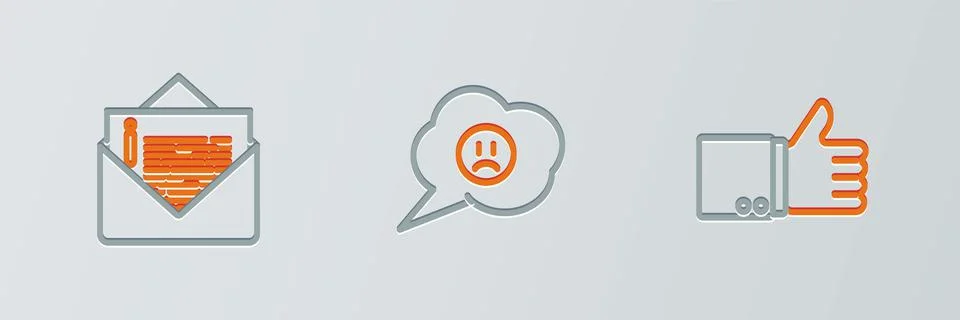 Set line Hand thumb up, Envelope and Speech bubble with sad smile icon. Vecto Stock Illustration