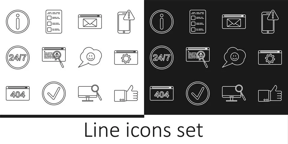 Set line Hand thumb up, Setting, Mail e-mail, System bug concept, Clock 24 .. Stockillustratie