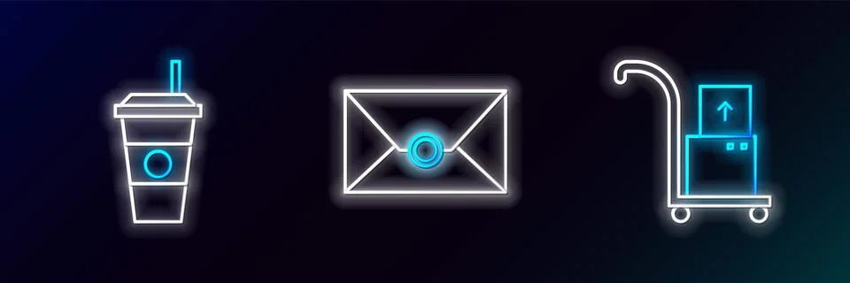 Set line Hand truck and boxes, Coffee cup and Envelope icon. Glowing neon. .. Stock Illustration