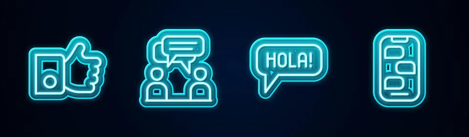 Set line Hand like, Two sitting men talking, Hola different languages and N.. Ilustração Stock