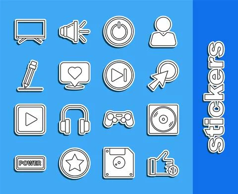 Set line Hand like, Vinyl disk, Arrow cursor, Power button, Like heart, Pencil Ilustração Stock
