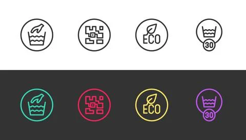 Set line Hand wash laundry, QR code, Leaf Eco symbol and Temperature on black Illustrazione stock