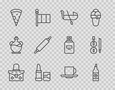 Set line Handbag, Bottle of olive oil, Gondola, Lipstick, Slice pizza, Rolling Stock Illustration