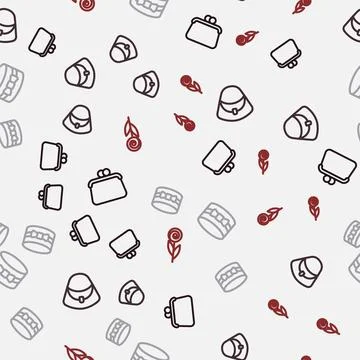 Set line Handbag, Gift box heart and Flower on seamless pattern. Vector Stock Illustration