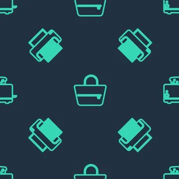 Set line Handbag, Printer and Toaster with toasts on seamless pattern. Vector Stock Illustration