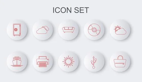 Set line Handbag, Ship, Sofa, USB, Safe, Cloud, Printer and Sun icon. Vector Stockillustratie