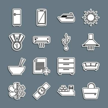Set line Handbag, Sofa, Kitchen extractor fan, Ship, Air conditioner, Medal,  Stock Illustration