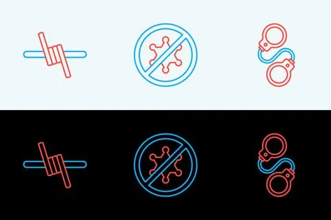 Set line Handcuffs, Barbed wire and Protest icon. Vector Ilustração Stock