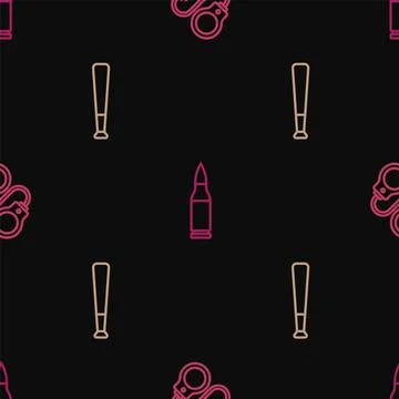 Set line Handcuffs, Baseball bat and Bullet on seamless pattern. Vector Stock Illustration