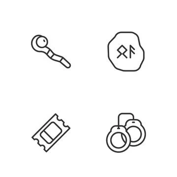 Set line Handcuffs, Circus ticket, Magic staff and runes icon. Vector Illustrazione stock