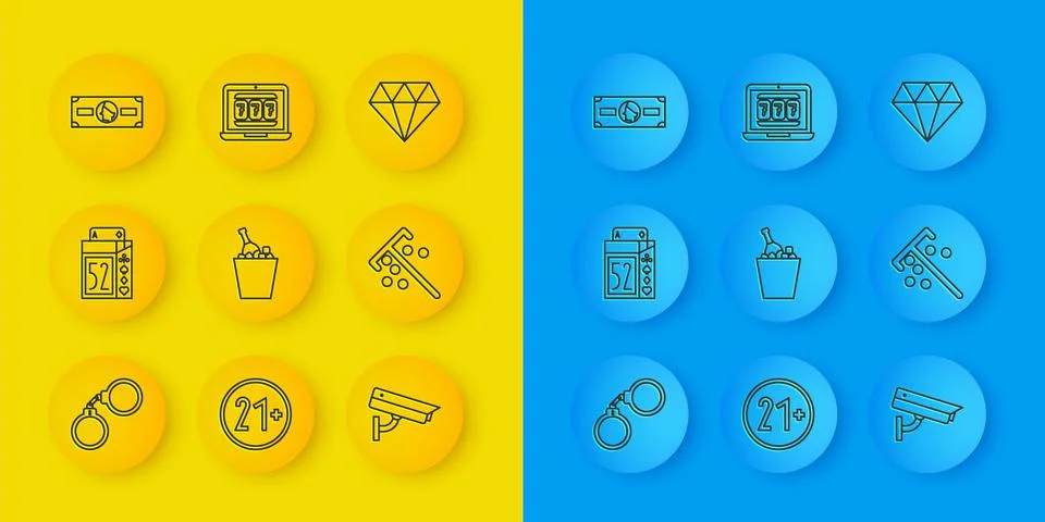 Set line Handcuffs, Deck of playing cards, Champagne ice bucket, Security camera イラスト素材