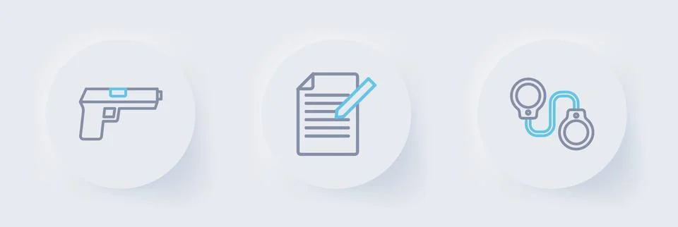 Set line Handcuffs, Document pen and Pistol or gun icon. Vector Stock Illustration