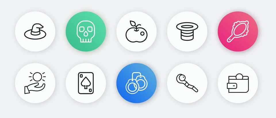 Set line Handcuffs, Magic hand mirror, Ball levitating above, staff, hat, P.. Ilustração Stock