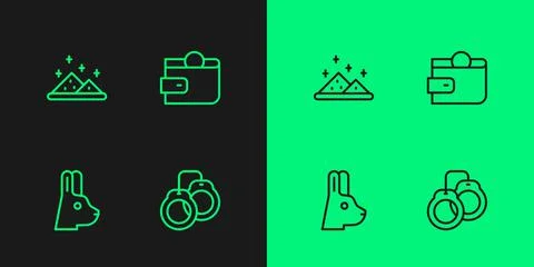 Set line Handcuffs, Rabbit with ears, Magic powder and Wallet icon. Vector 库存插图