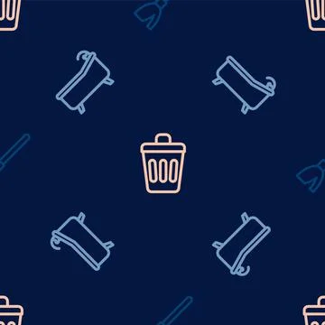 Set line Handle broom, Bathtub and Trash can on seamless pattern. Vector Illustration