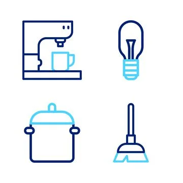 Set line Handle broom, Cooking pot, Light bulb and Coffee machine icon. Vecto Illustration